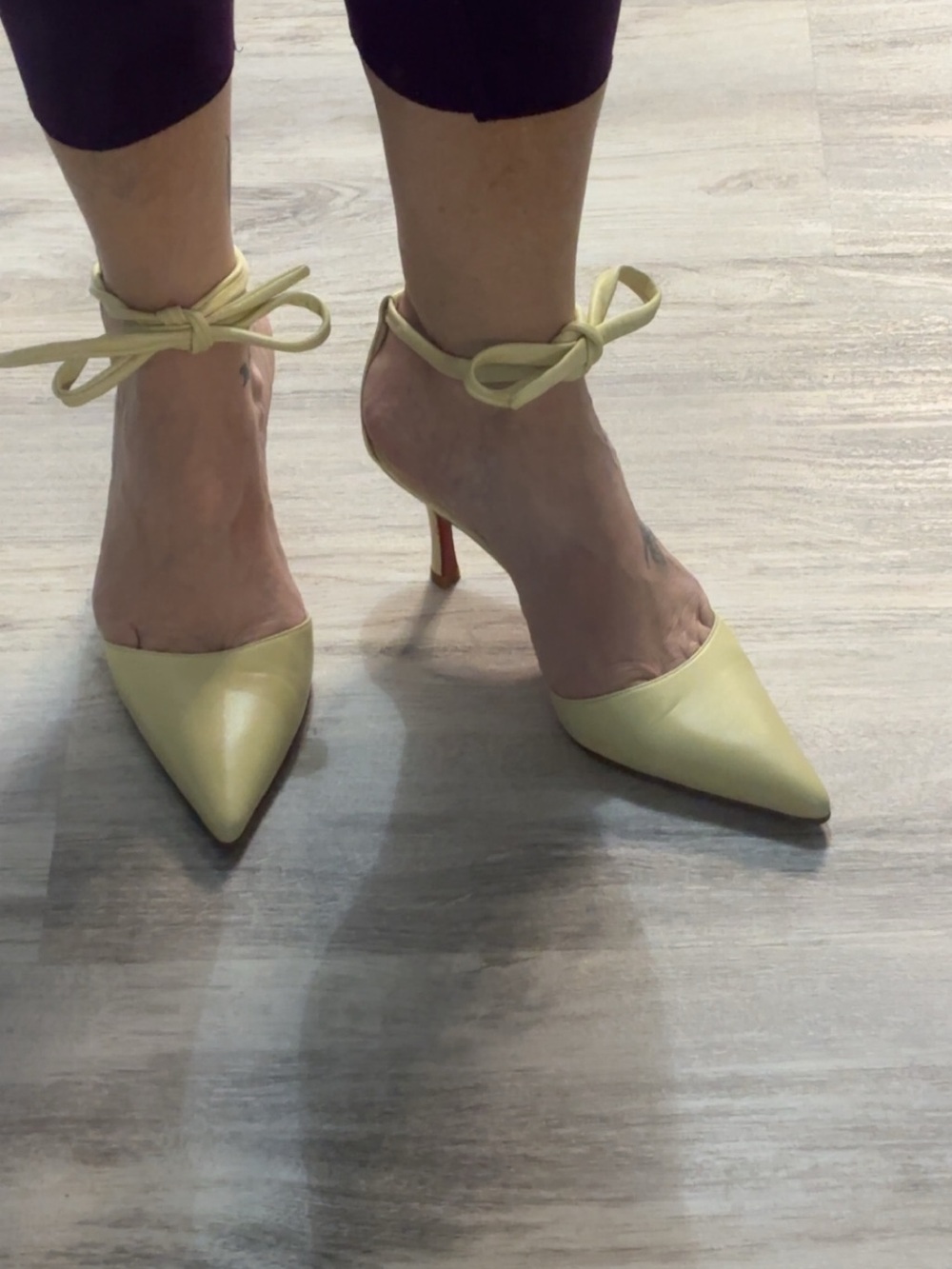 Christian Louboutin Celery Colored Leather Pointed-Toe Ankle-Tie Pumps